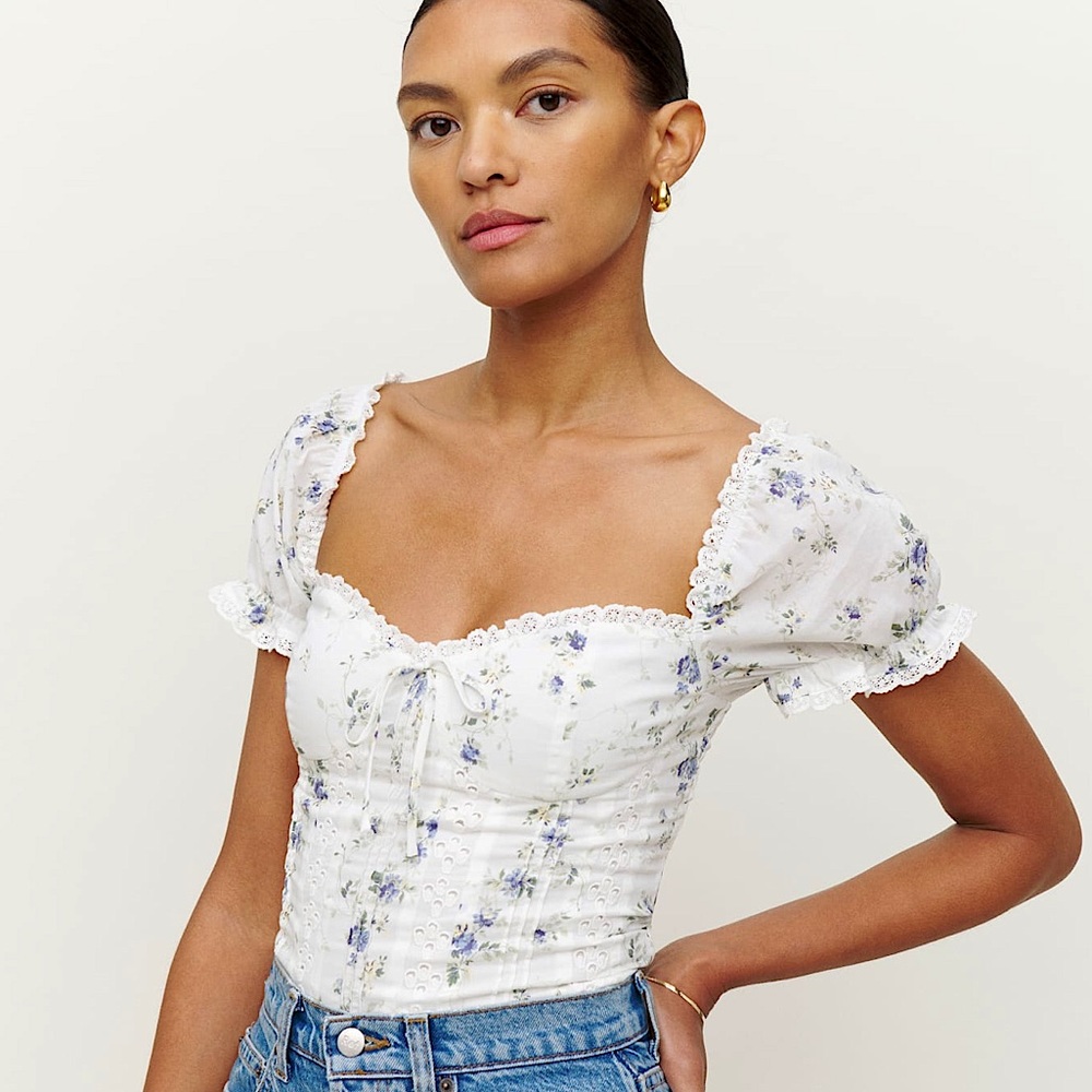 Reformation Miraflores Puff Sleeve Top White Floral 2 NWOT